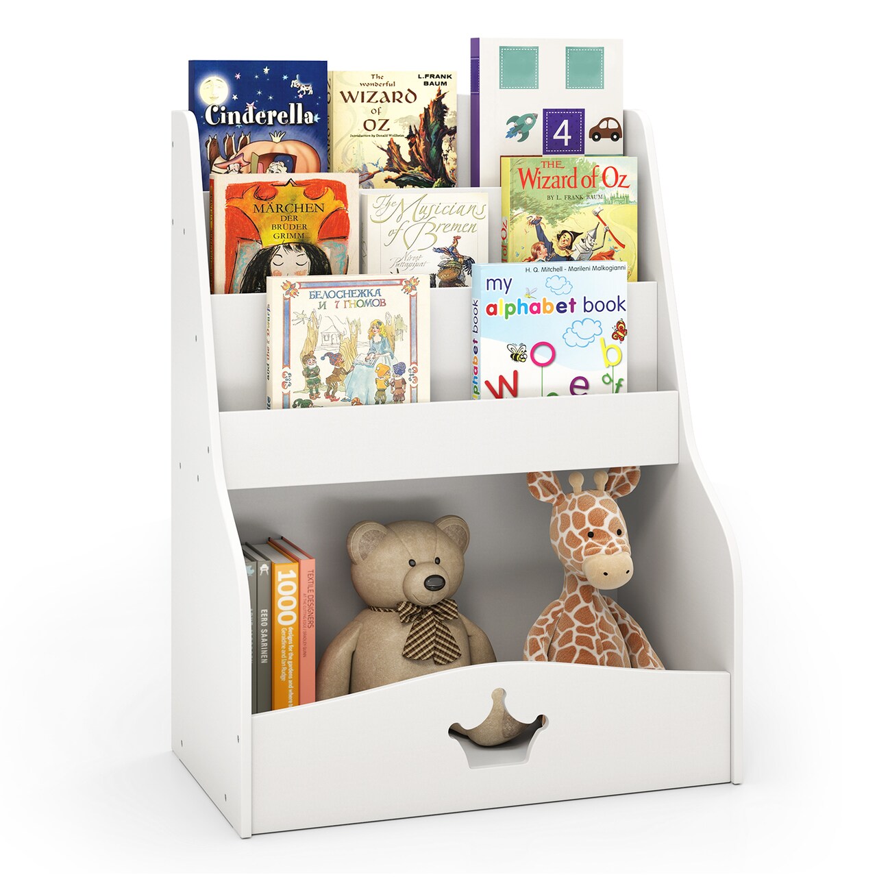 White MDF Kids Bookshelf with 4-Tier Storage, Hidden Compartment and Safety Features